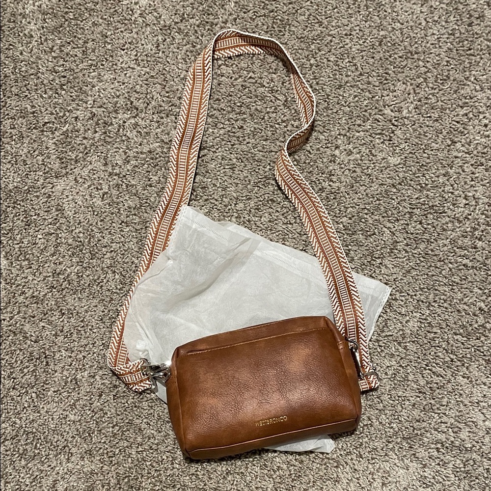 Faux Leather Crossbody Bag with Woven Strap - Brown